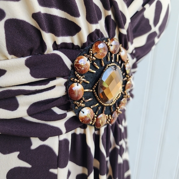 En Focus Giraffe Print Midi Dress Brown Cream Pullover Beaded Boho Chic Sz 6 - Picture 4 of 13